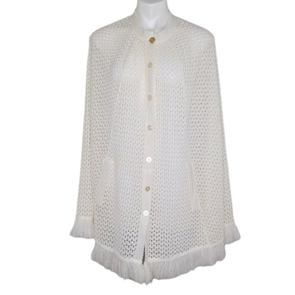 VTG Cream Open Knit Button Up Front Fringe Trim Shawl Poncho - Picture 1 of 8